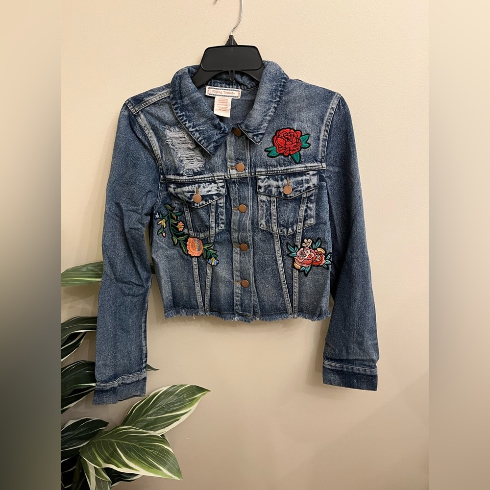 Floral Patch Cropped Denim Jacket - image 1